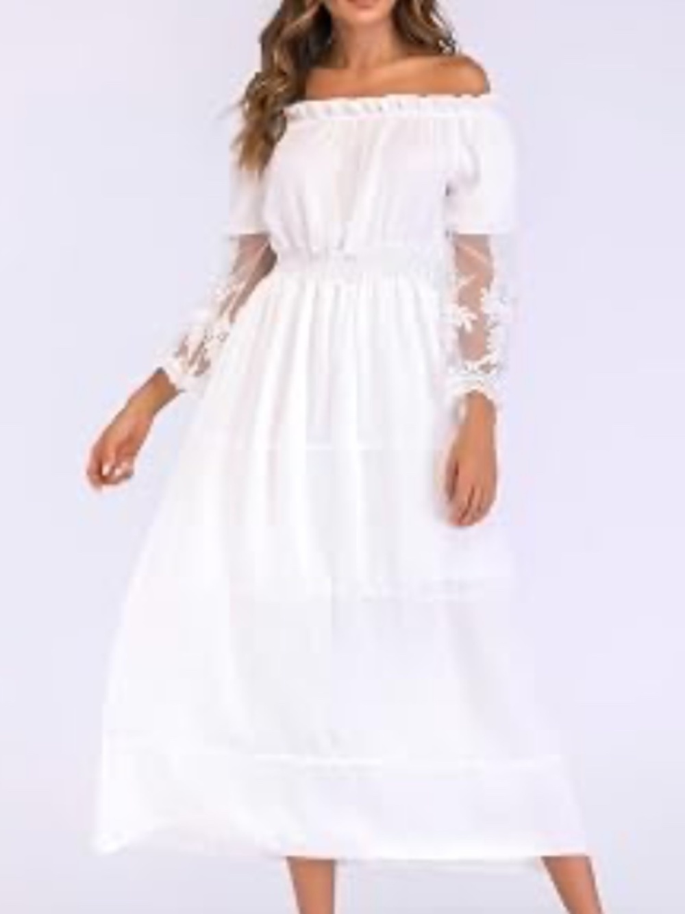 White Off the Shoulder Maxi Sheer Lace Sleeve Elegant Boho Romantic Dress Large
